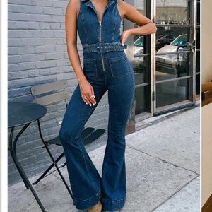 Show Me Your Mumu Jacksonville Denim Jumpsuit XL Bell Bottom 70’s Dark Wash